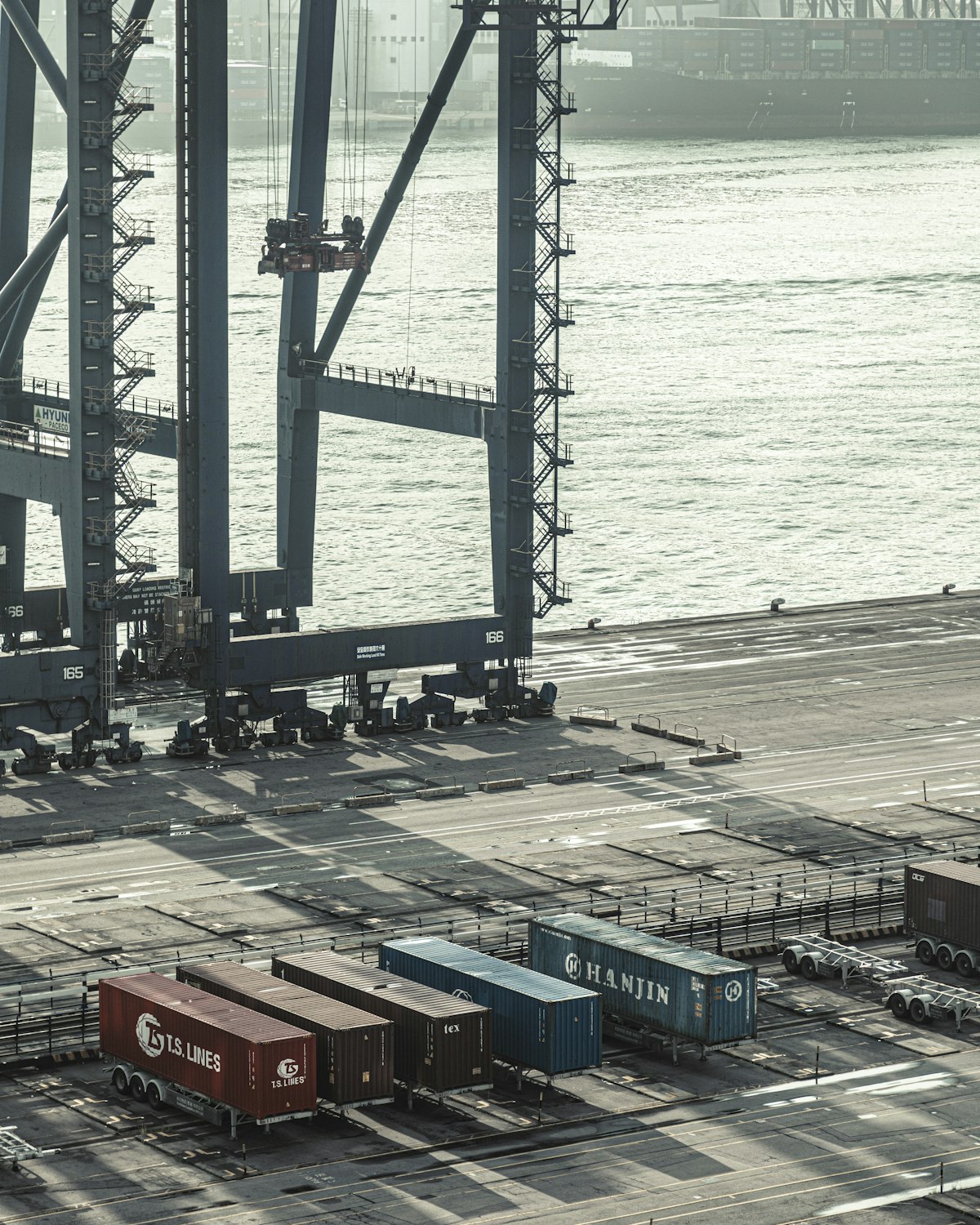 Container cranes over a port yard, seen from above